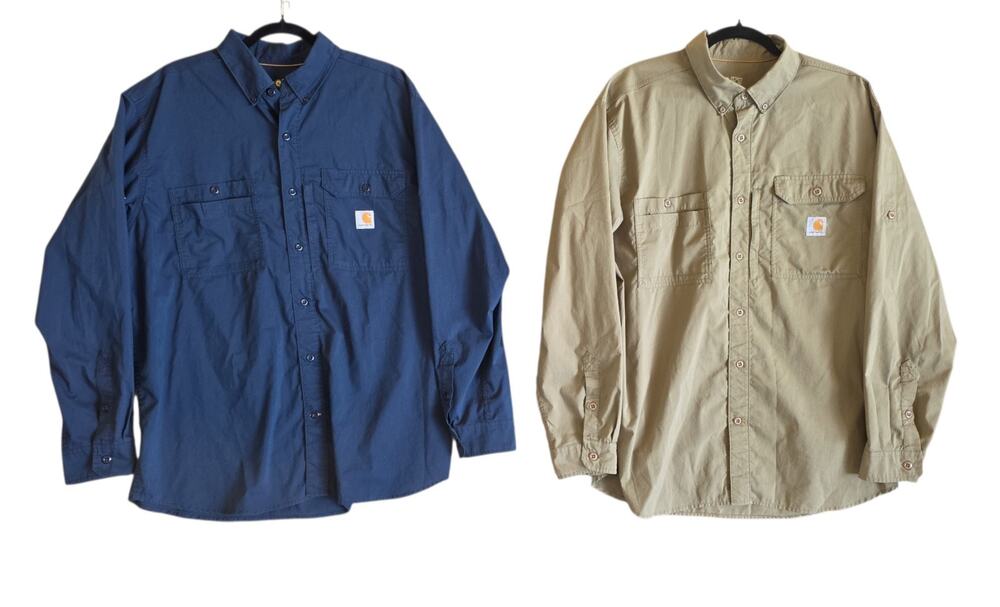 Set of 2 Carhart Force Relaxed Fit Long Sleeve Shirts Size XL Solid Tan & Blue